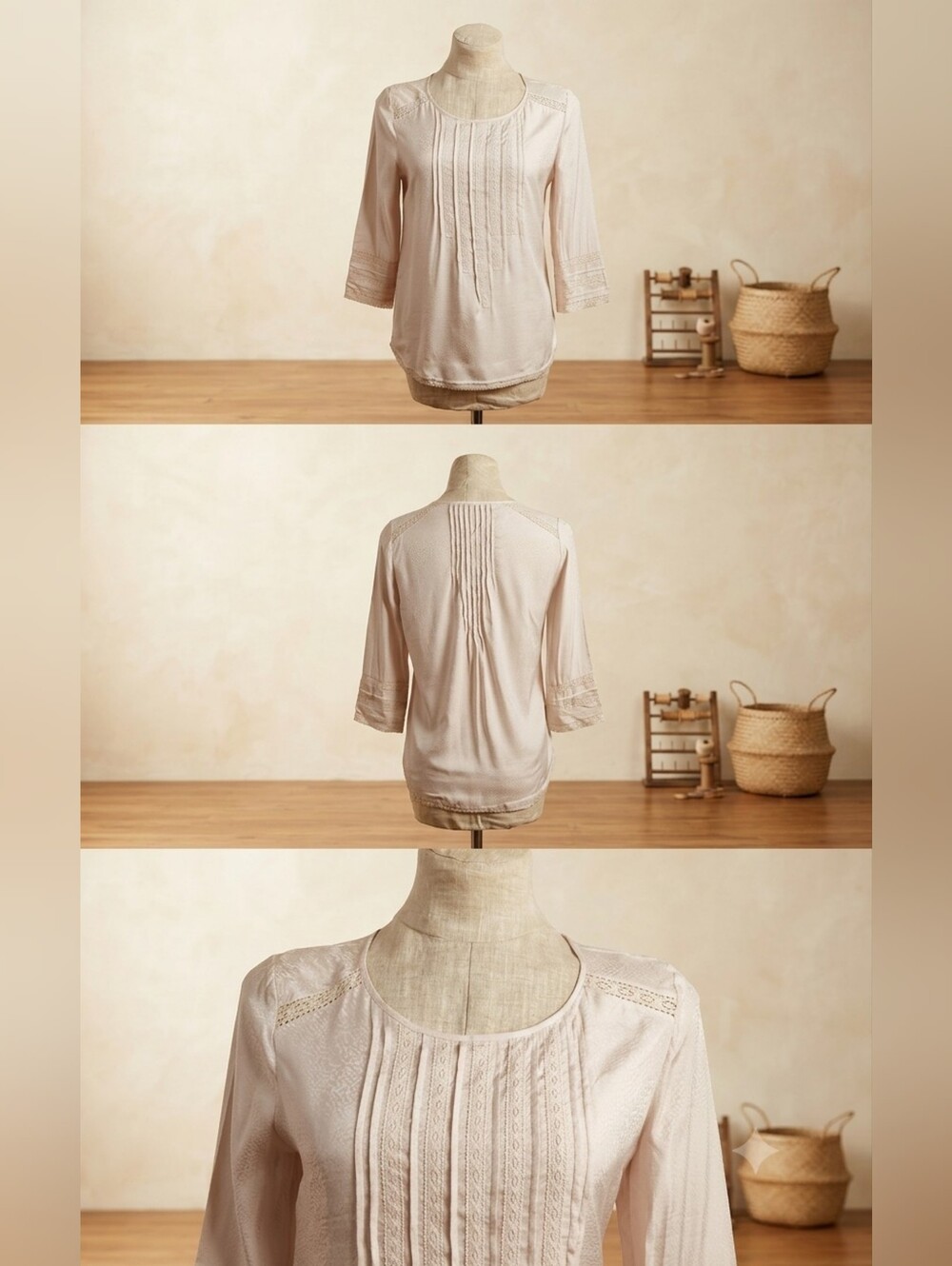 Comptoir Des Cotonniers Cream Pintuck Lace-Trim Blouse Size 38 . / Small